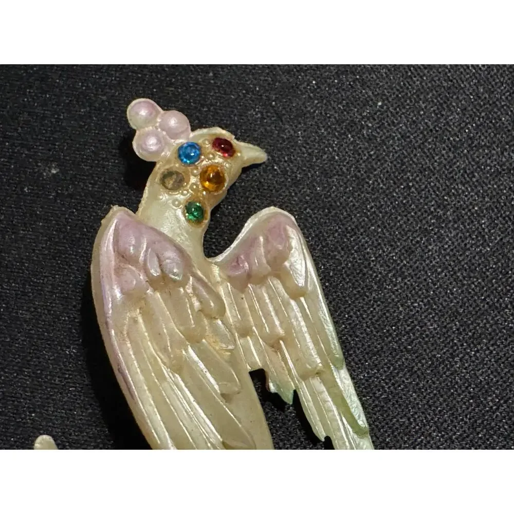 1930's Carved Celluloid Rhinestone Brid Brooch